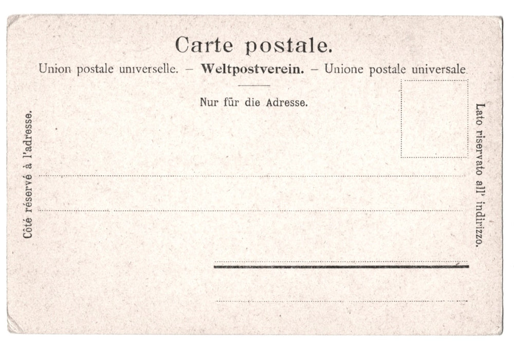 Back of a vintage postcard with printed text and address lines.