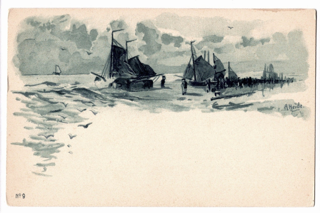 Vintage illustration of ships on a frozen sea with a cloudy sky. 1900s Scheveningen Dutch Seascape Fishing Boats Vintage Art Postcard UDB.