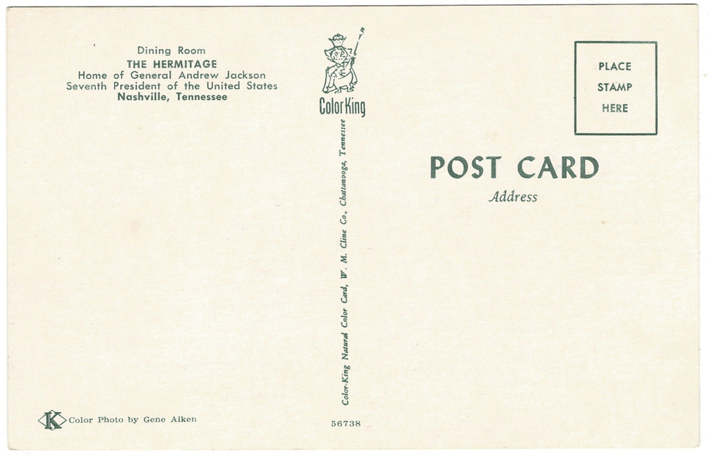 1950s The Hermitage Dining Room Nashville Tennessee Vintage Postcard, back view.