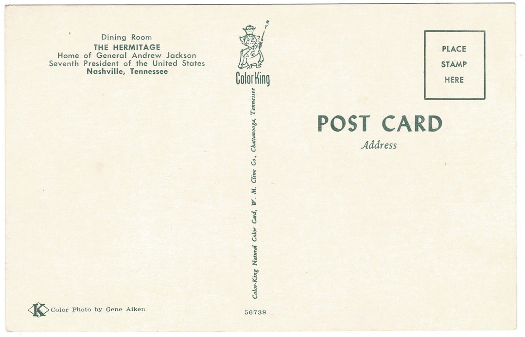 1950s The Hermitage Dining Room Nashville Tennessee Vintage Postcard, back view.