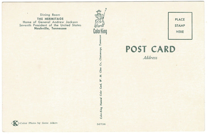 1950s The Hermitage Dining Room Nashville Tennessee Vintage Postcard, back view.