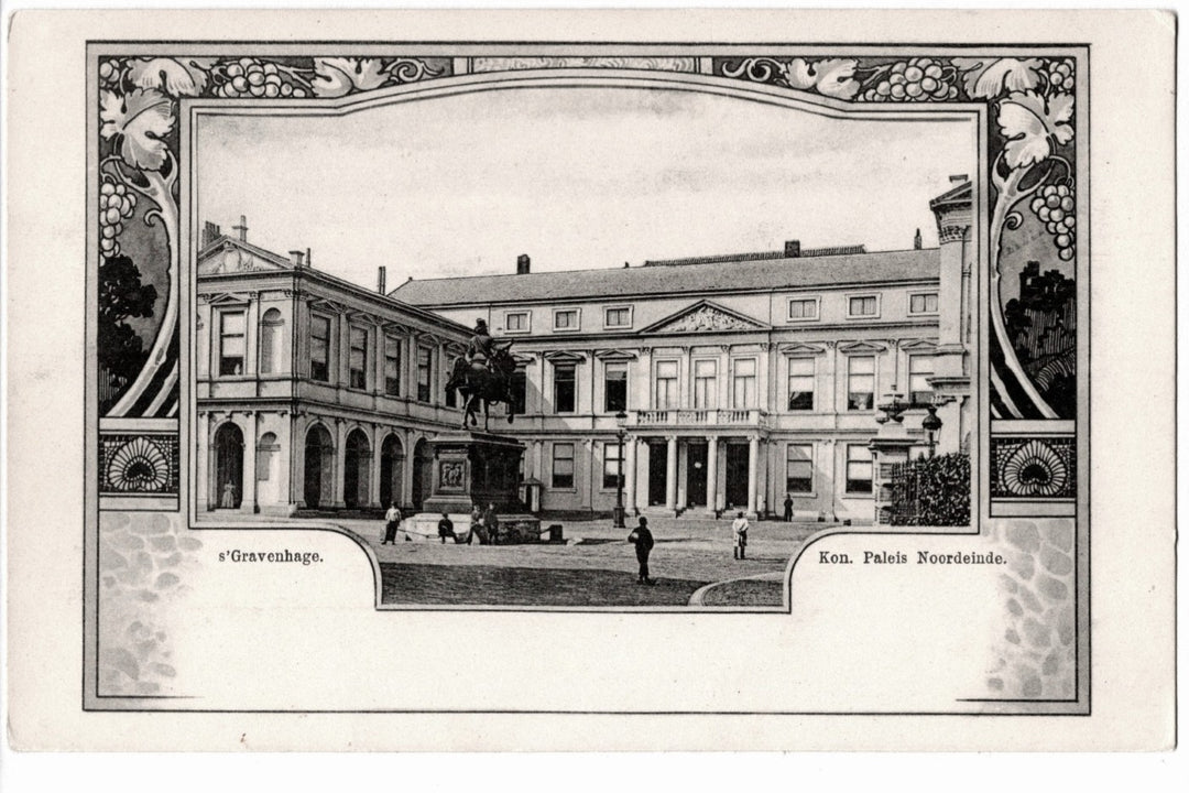 Vintage black and white image of a large building with decorative frame elements.