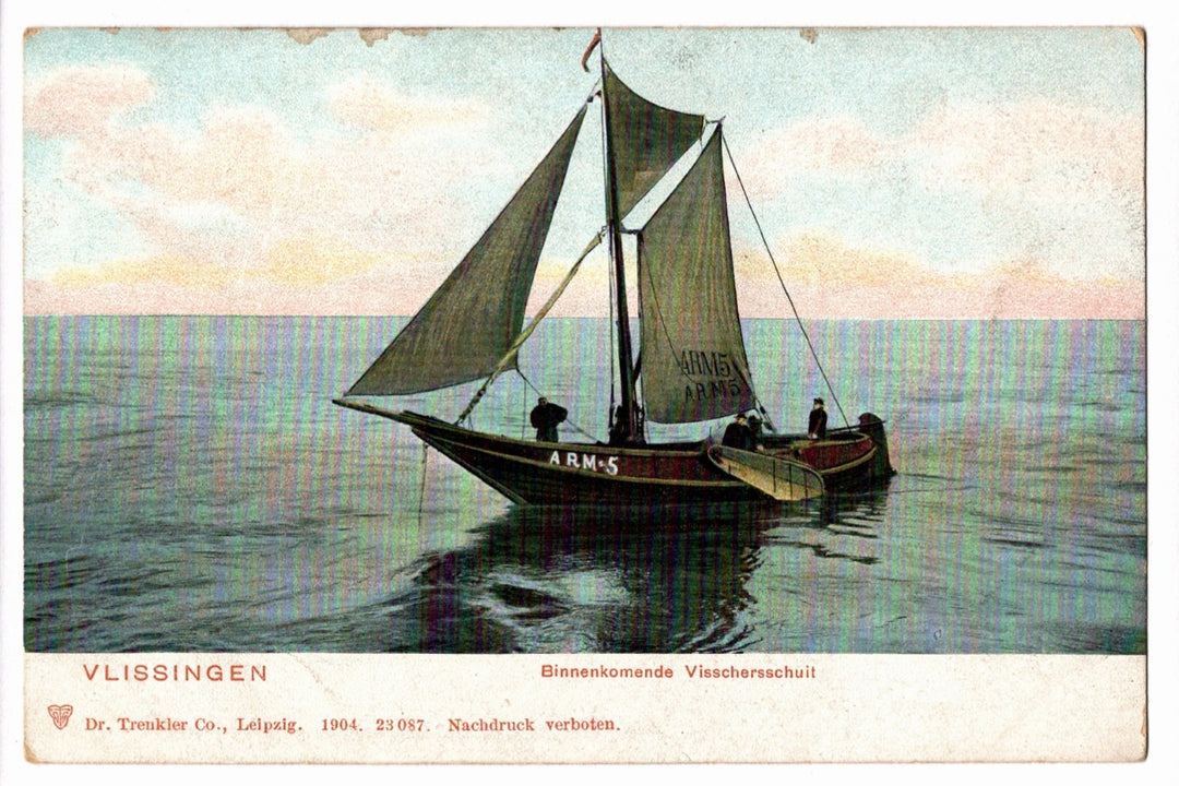 Sailing boat on water with 'Vlissingen' text, vintage style