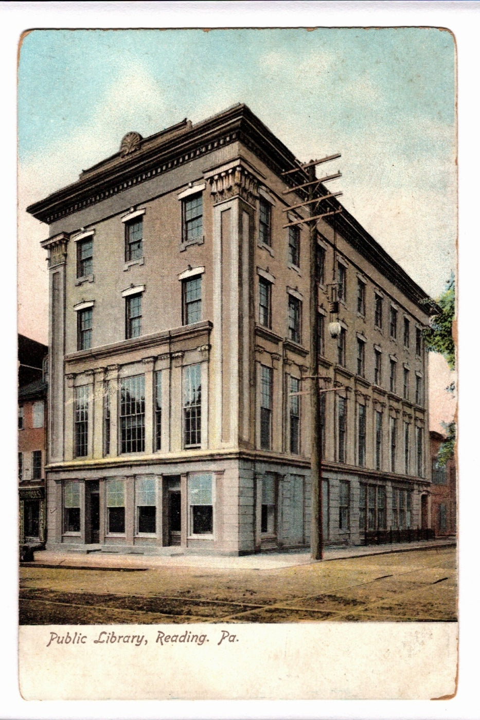 Vintage postcard of a public library building in Reading, PA
