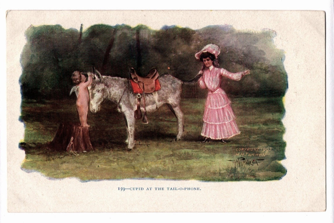 1903 Cupid at the Tail-O-Phone Donkey Pun Humorous Vintage Postcard UDB.