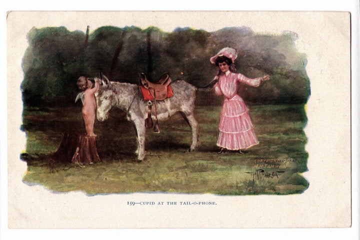 1903 Cupid at the Tail-O-Phone Donkey Pun Humorous Vintage Postcard UDB.