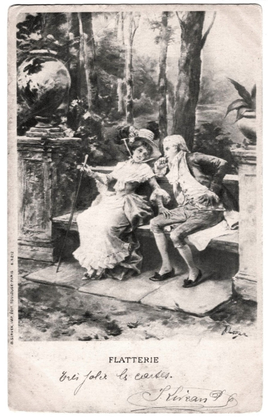 1902 Flattery by S. Lonza Romantic Scene Paris France Vintage Collotype Postcard UDB.