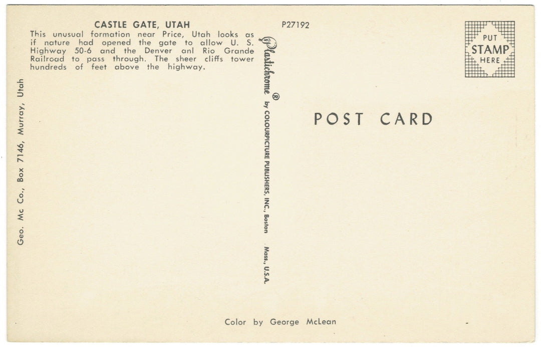 Castle Gate Near Price Utah Vintage Postcard, back view.