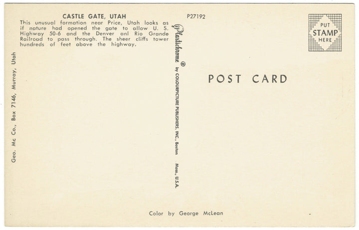 Castle Gate Near Price Utah Vintage Postcard, back view.