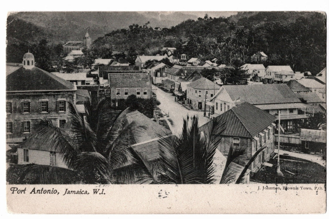 Vintage black and white postcard of Port Antonio, Jamaica with buildings and palm trees; 1906 Port Antonio Jamaica West Indies Vintage Postcard UDB.