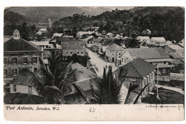 Vintage black and white postcard of Port Antonio, Jamaica with buildings and palm trees; 1906 Port Antonio Jamaica West Indies Vintage Postcard UDB.