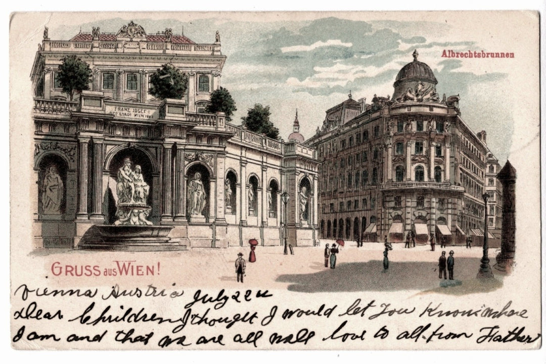 Vintage postcard of a scenic view with architectural buildings and people in Vienna, Austria. 1900 Gruss aus Wien Albrechtsbrunnen Vienna Austria Vintage Postcard UDB.