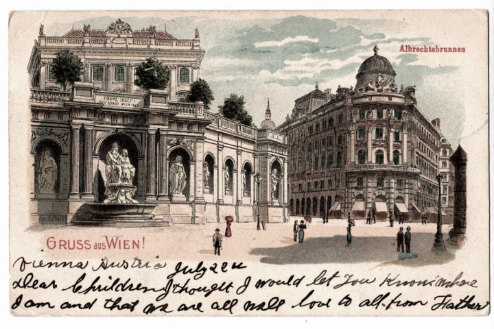 Vintage postcard of a scenic view with architectural buildings and people in Vienna, Austria. 1900 Gruss aus Wien Albrechtsbrunnen Vienna Austria Vintage Postcard UDB.