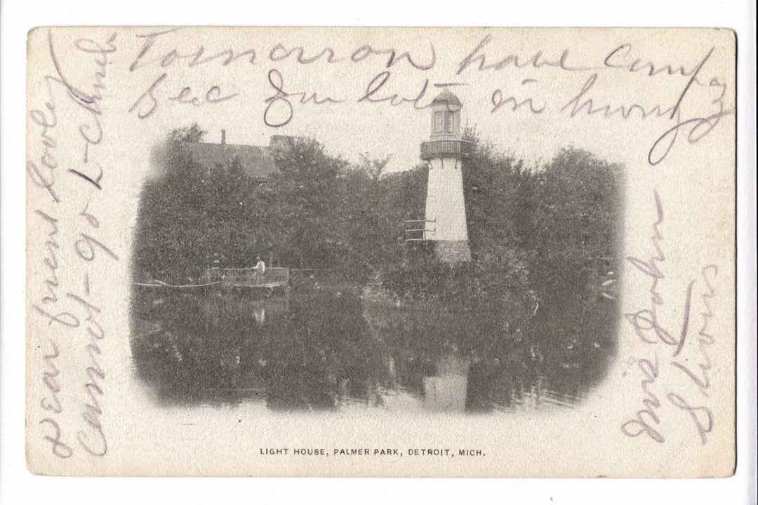 Vintage postcard of a lighthouse in Palmer Park, Detroit, Michigan with handwritten text.