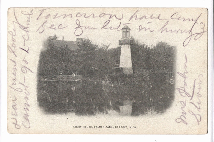 Vintage postcard of a lighthouse in Palmer Park, Detroit, Michigan with handwritten text.