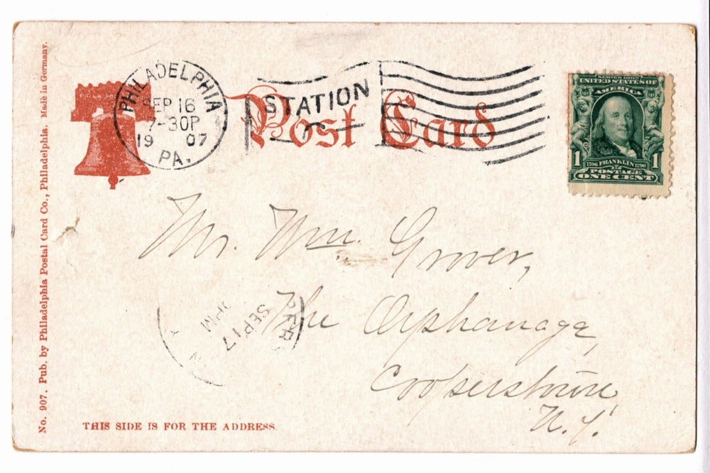 Vintage postcard with postage stamp and cursive writing, featuring a Franklin postage stamp.