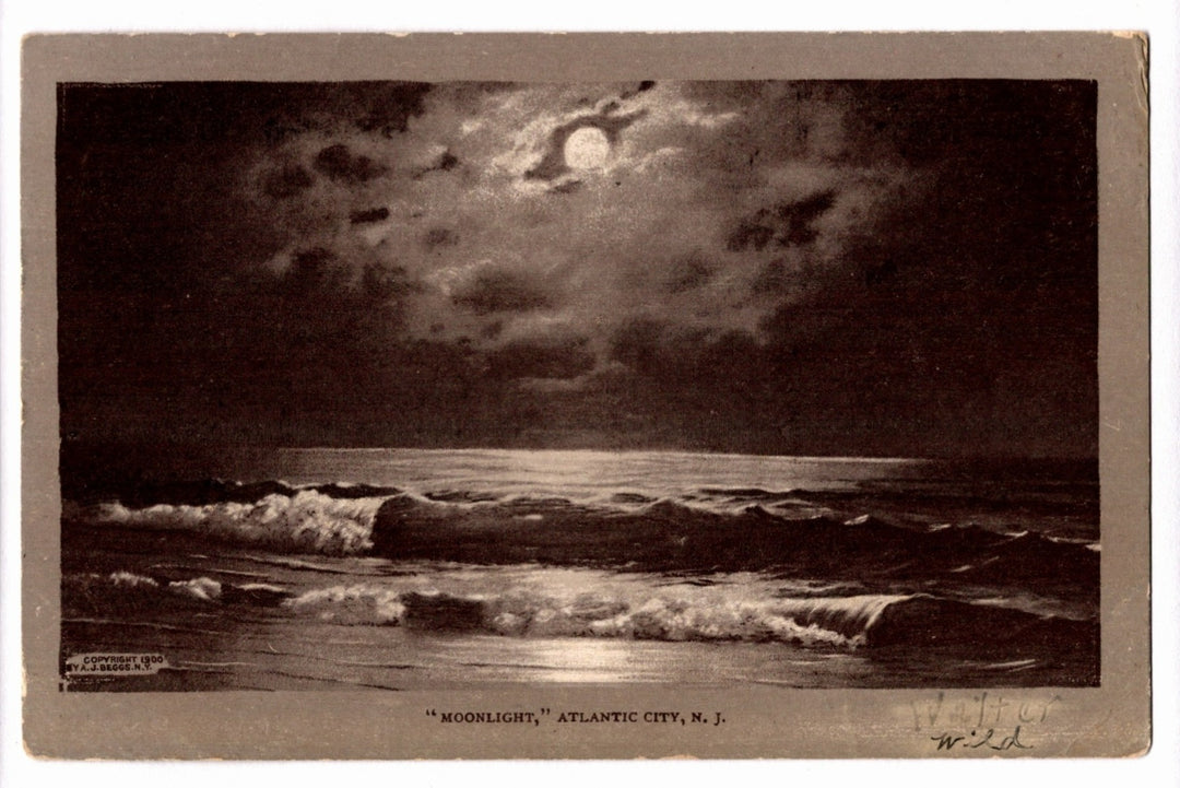 Vintage image of a moonlit ocean scene with waves crashing against rocks. 1909 Moonlight Seascape Atlantic City New Jersey Vintage Postcard.