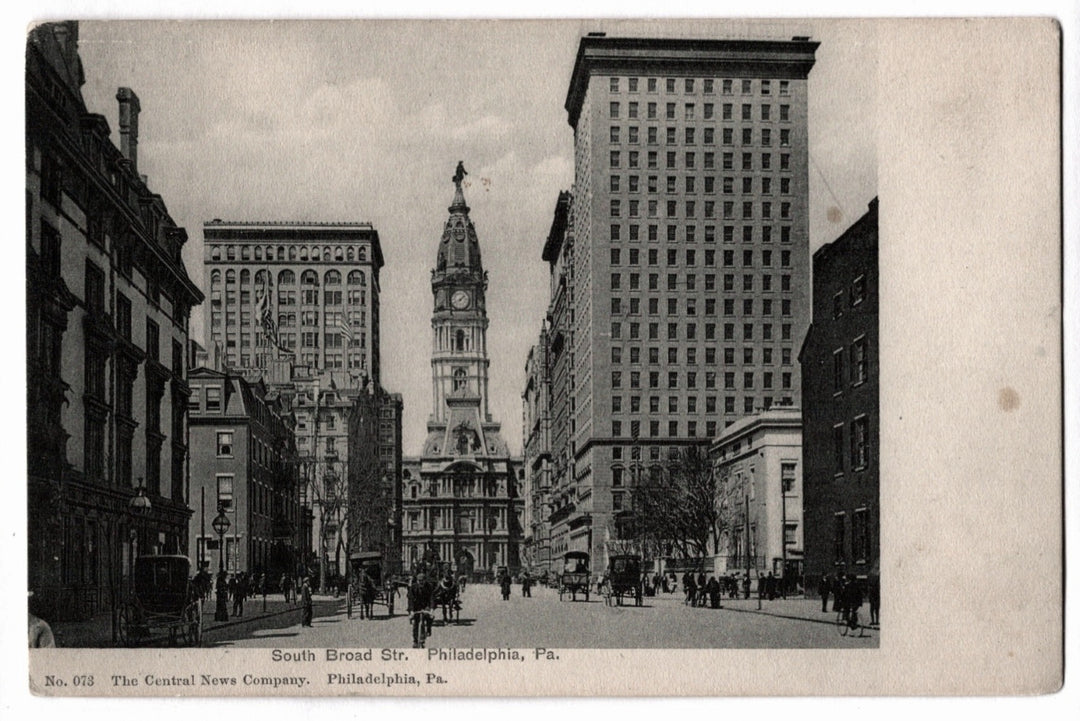 Vintage black and white photograph of a city street with tall buildings, including a clock tower, in Philadelphia, PA. 1900s Philadelphia City Hall Pennsylvania Vintage Postcard UDB