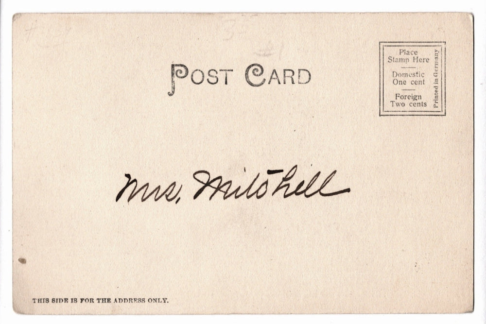 Vintage postcard with 'Mrs. Mitchell' signature on a buff background.