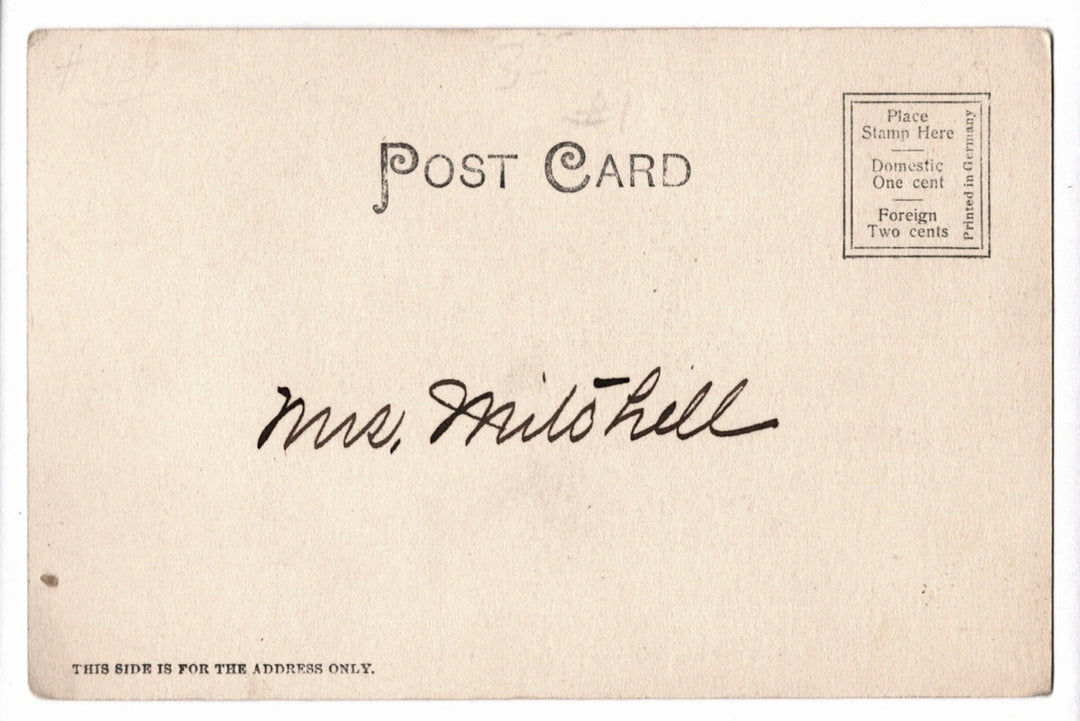 Vintage postcard with 'Mrs. Mitchell' signature on a buff background.