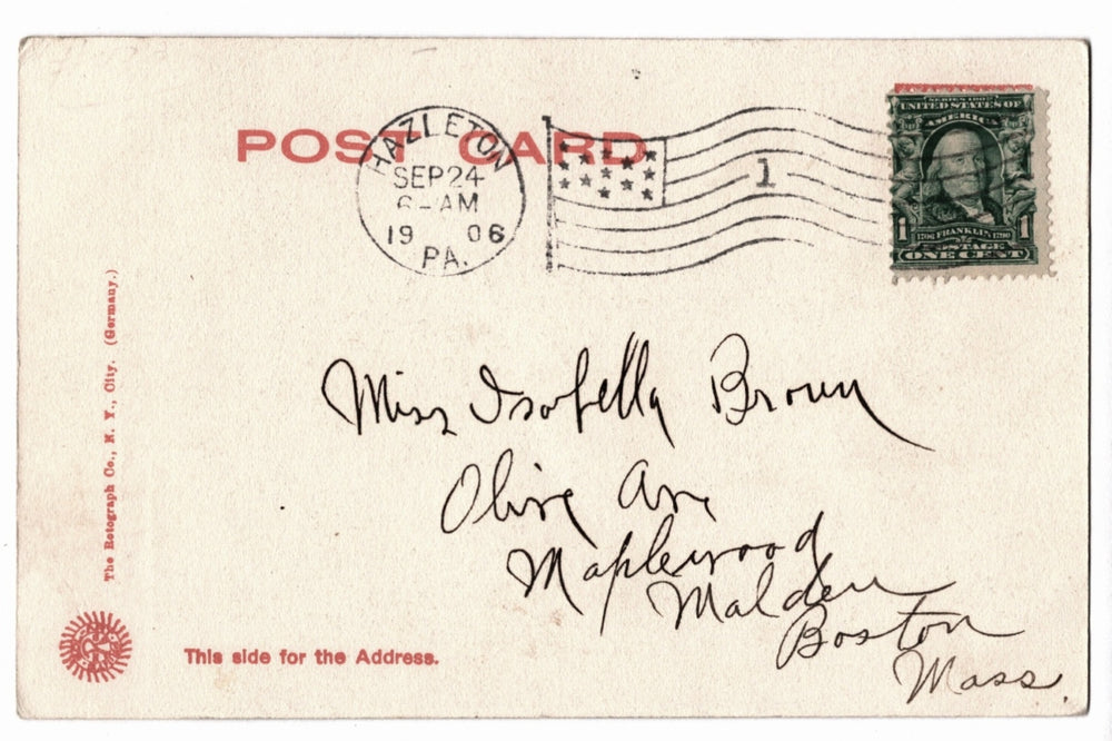 Vintage postcard with postage stamp and handwritten address.