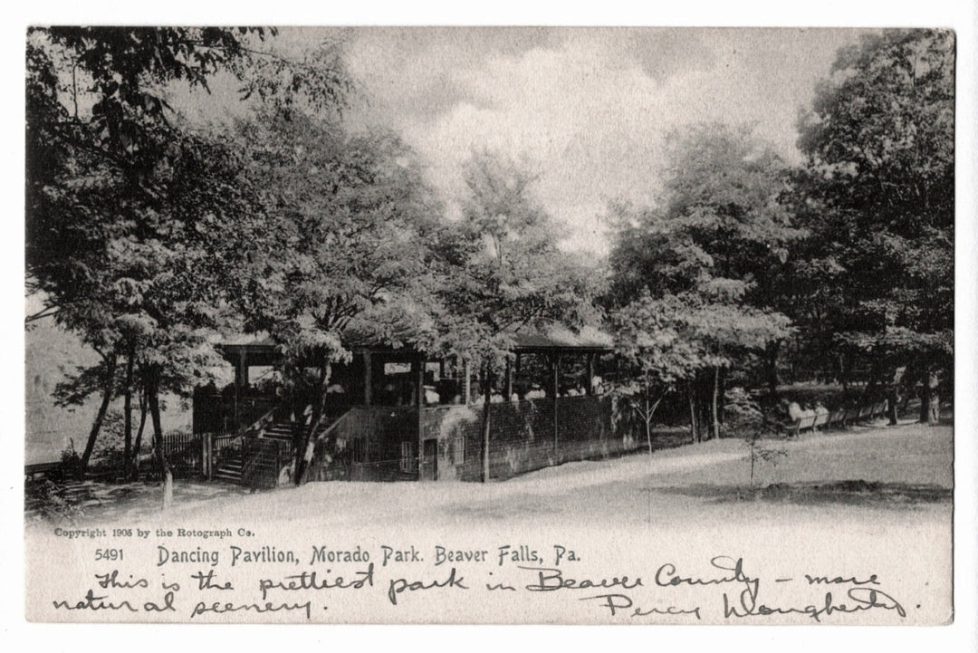 Vintage black and white postacrd of a pavilion in Morado Park, Beaver Falls, PA. 1906 Dancing Pavilion Morado Park Beaver Falls Pennsylvania Vintage Postcard UDB.