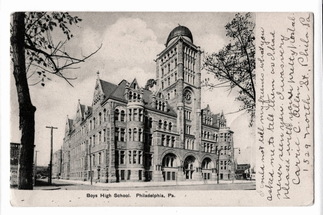 Vintage postcard of a large brick building labeled 'Boys High School, Philadelphia, Pa.'