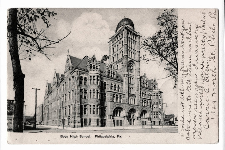 Vintage postcard of a large brick building labeled 'Boys High School, Philadelphia, Pa.'