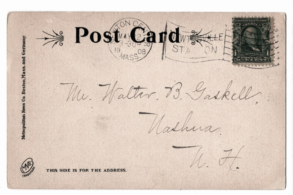 Vintage postcard with postage stamp, postmarks, and handwritten text.