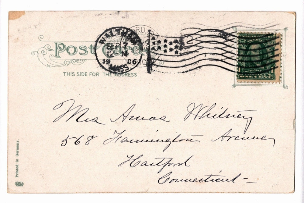 Vintage postcard  back with postage stamp and address.