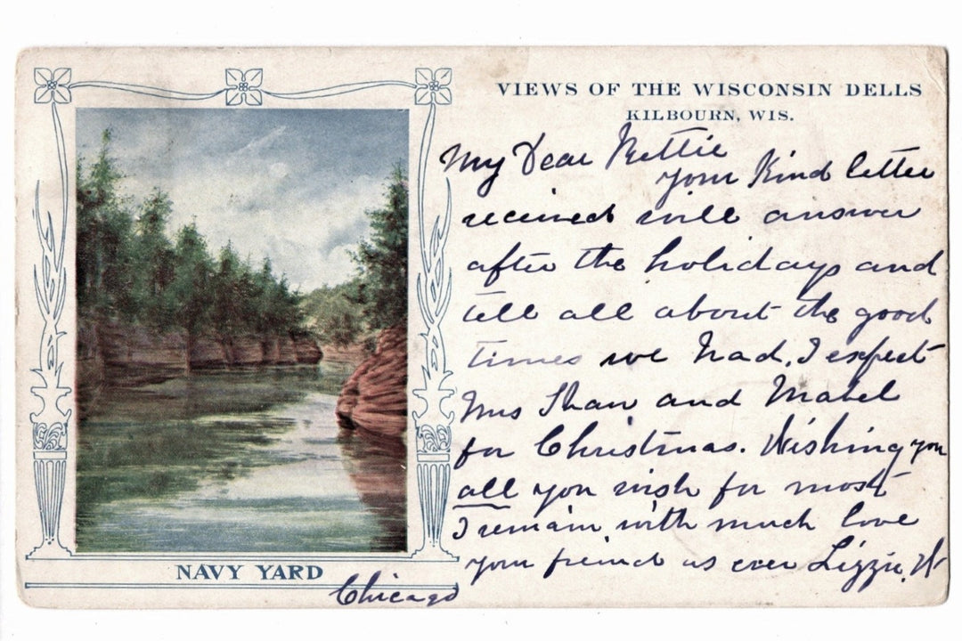 Vintage postcard with scenic illustration and handwritten text, featuring a river and trees. 1905 Navy Yard Kilbourn Wisconsin Dells Private Mailing Card Vintage Postcard UDB.