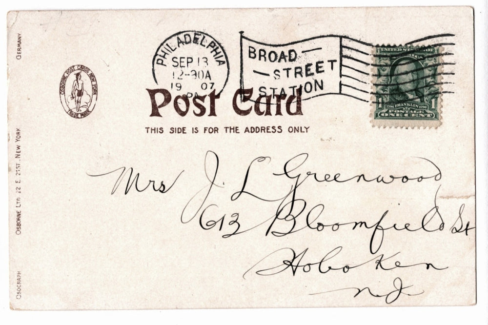 Back of vintage postcard with postage stamp and address.