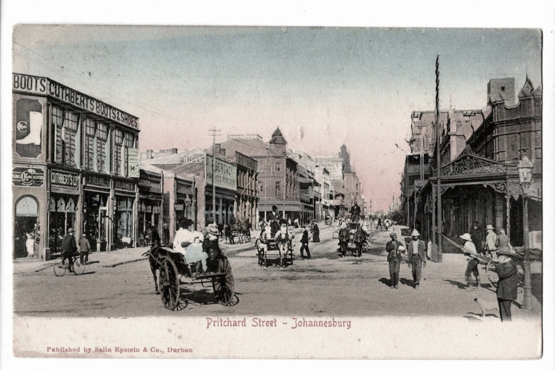 Vintage postcard of Fritchard Street in Johannesburg with people and horse-drawn carriages. 1904 Pritchard Street Johannesburg South Africa Vintage Postcard UDB.