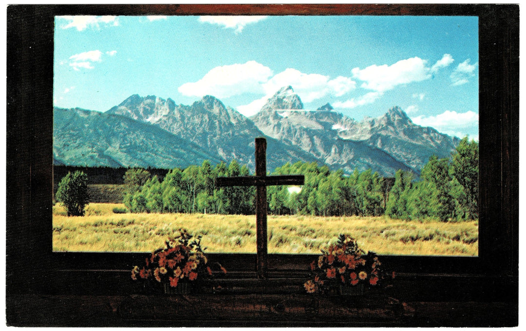 Teton Range from Chapel of the Transfiguration, Grand Teton National Park Vintage Postcard.