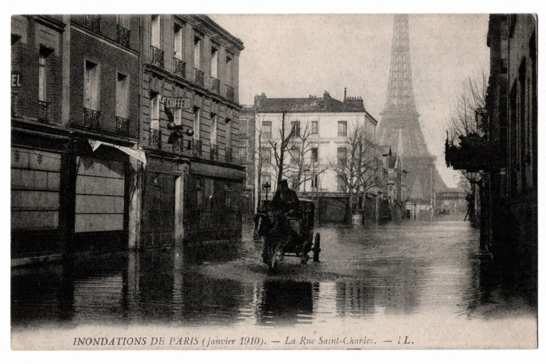 Vintage postcard of a flooded street with a horse-drawn carriage and the Eiffel Tower in the background. 1910 Great Flood Paris Rue Saint-Charles Eiffel Tower Vintage Postcard.