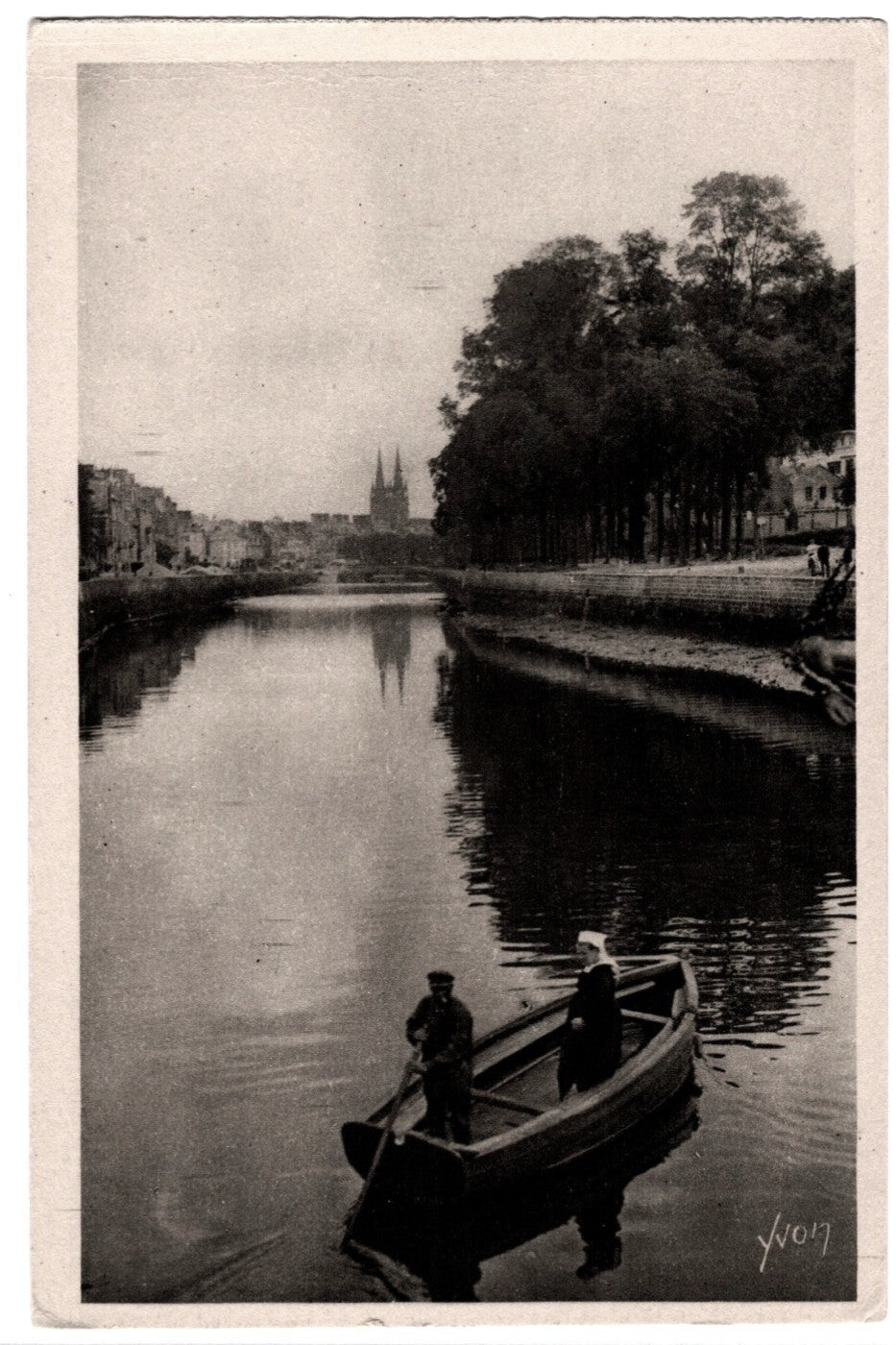1920s Quimper France  Ferryman on Odet River Vintage Postcard.