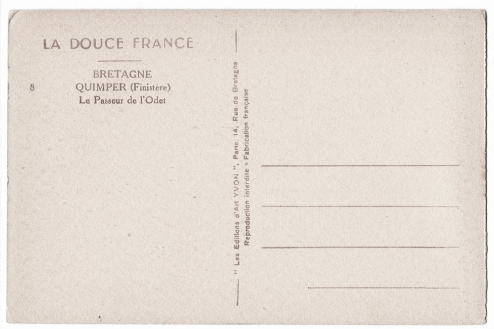 Back of a postcard from Brittany, France with text.