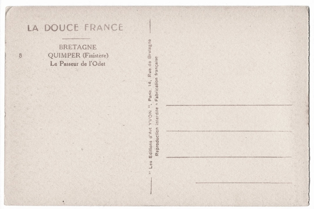 Back of a postcard from Brittany, France with text.