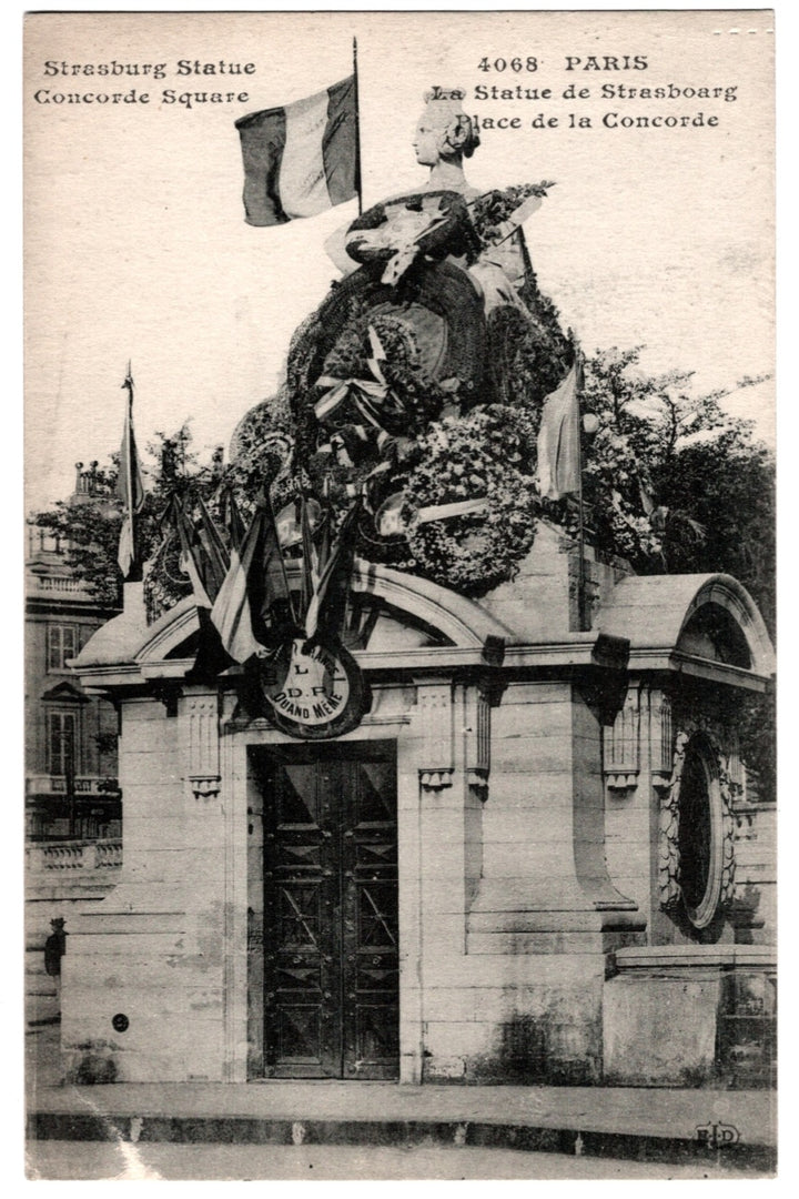 Statue of Strasbourg in Place de la Concorde with French flag, vintage postcard
