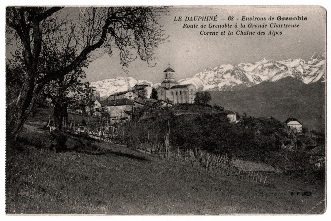 Vintage black and white postcard of a scenic view with mountains and buildings. Le Dauphine.