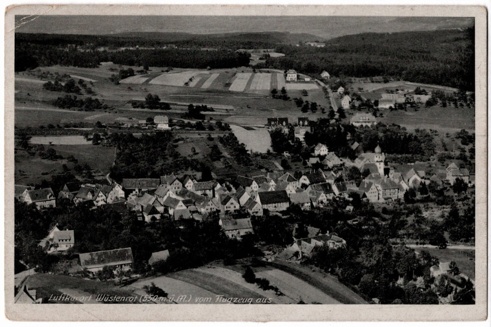 Vintage aerial view of a small village with houses and fields. 1949 Wüstenrot Germany Vintage Postcard - 1930s Strähle Photo Airmail to USA.