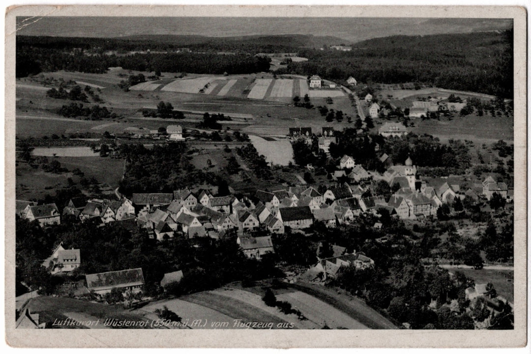 Vintage aerial view of a small village with houses and fields. 1949 Wüstenrot Germany Vintage Postcard - 1930s Strähle Photo Airmail to USA.