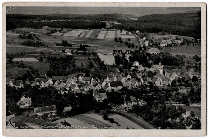 Vintage aerial view of a small village with houses and fields. 1949 Wüstenrot Germany Vintage Postcard - 1930s Strähle Photo Airmail to USA.