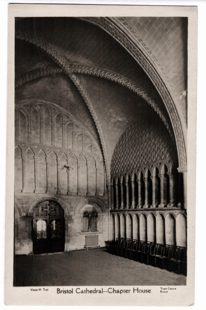 Chapter House interior of Bristol Cathedral with arched ceilings and columns.