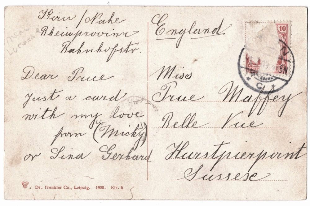 Vintage postcard with handwritten text and postage stamp, addressed to Miss True Maffey in England.