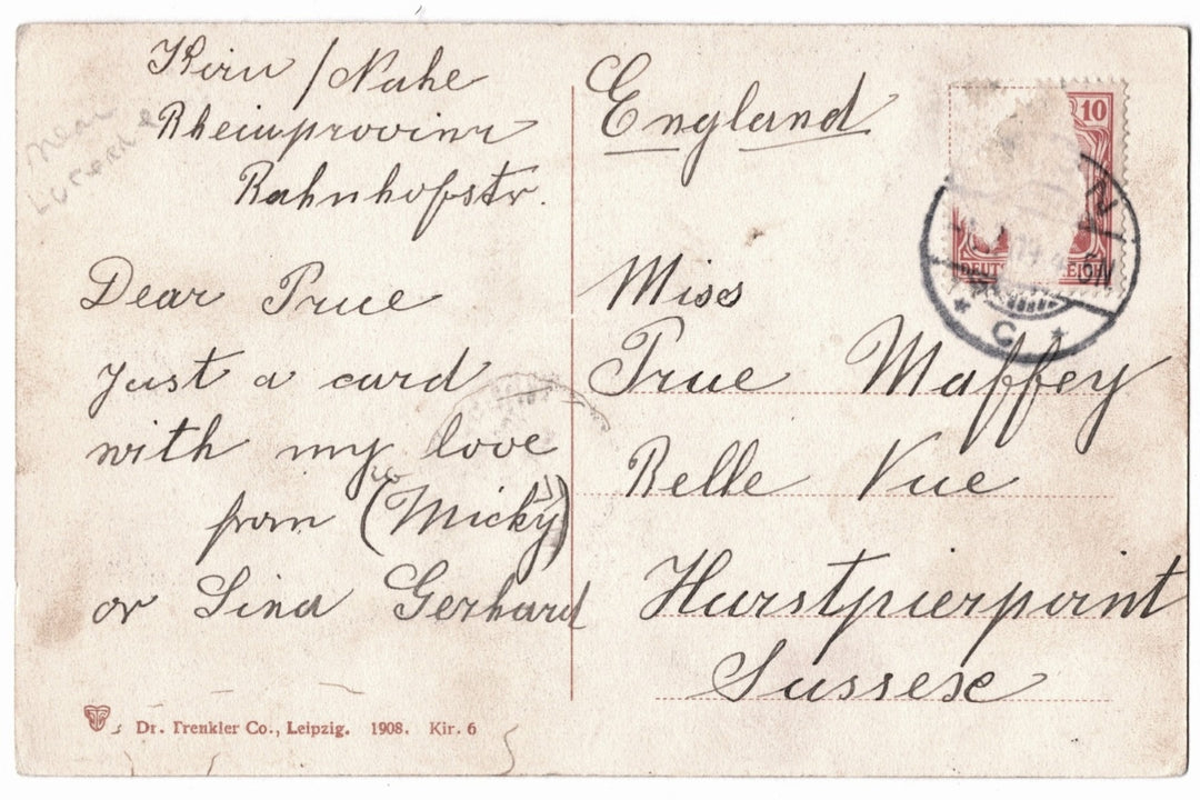 Vintage postcard with handwritten text and postage stamp, addressed to Miss True Maffey in England.