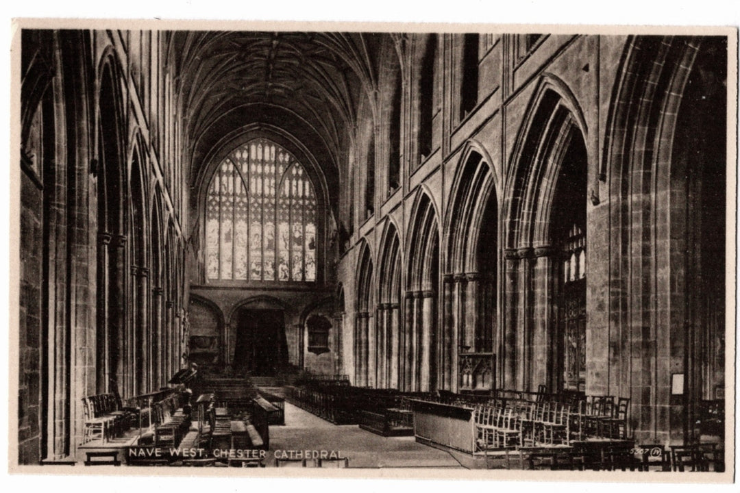Nave of Chester Cathedral with large stained glass window, 1910s Nave West Chester Cathedral Cheshire England Postcard.