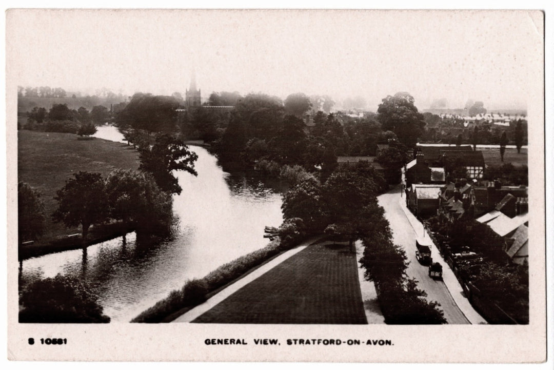 Vintage black and white photo of a river and town in Stratford-on-Avon