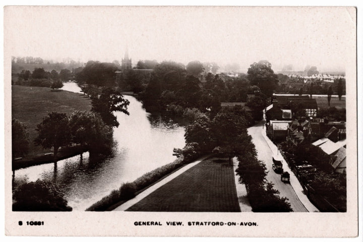 Vintage black and white photo of a river and town in Stratford-on-Avon