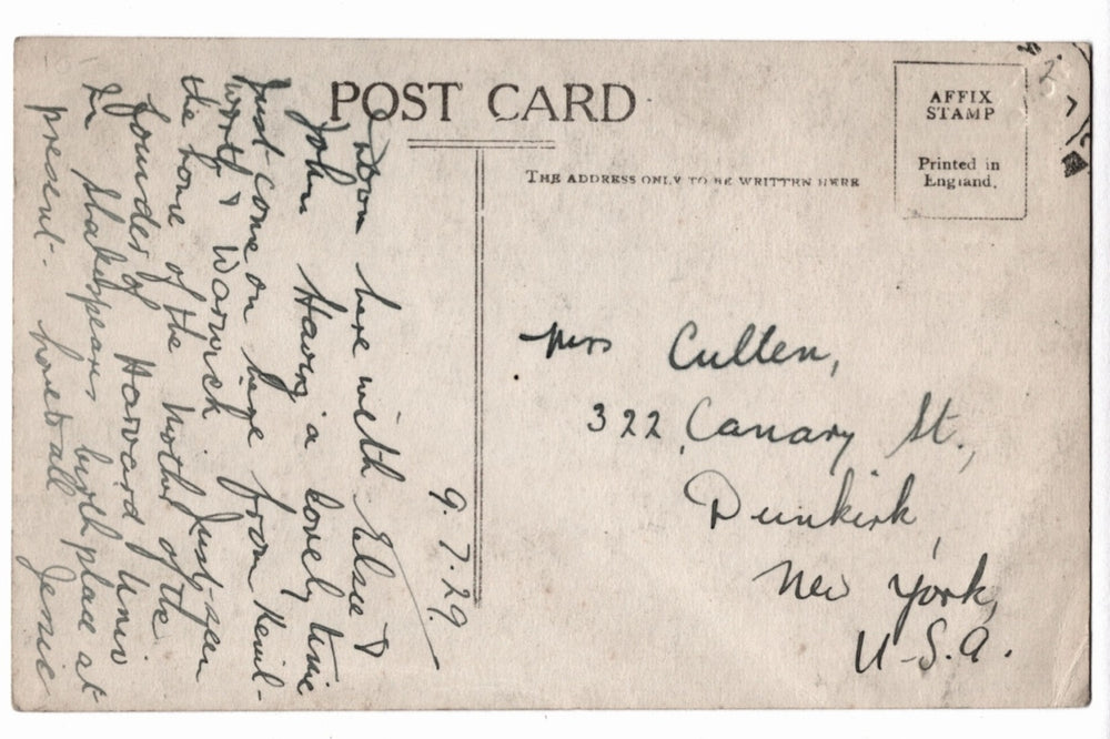 Vintage postcard with handwritten text and a stamp, addressed to New York, U.S.A.